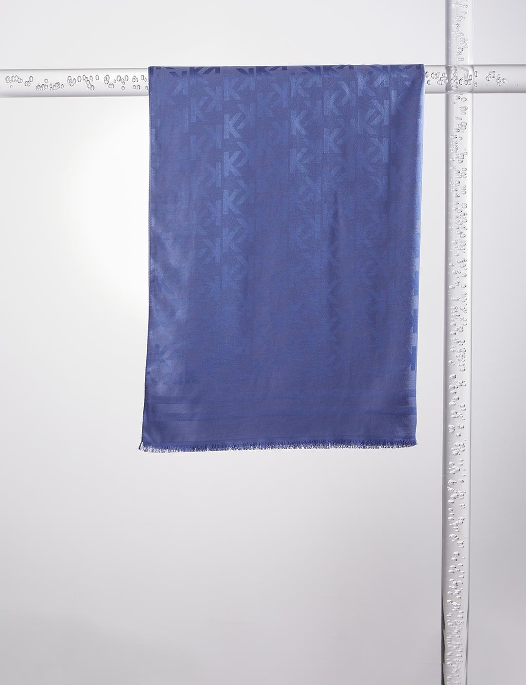 Silk Blend Jacquard Monogram Patterned Shawl Indigo