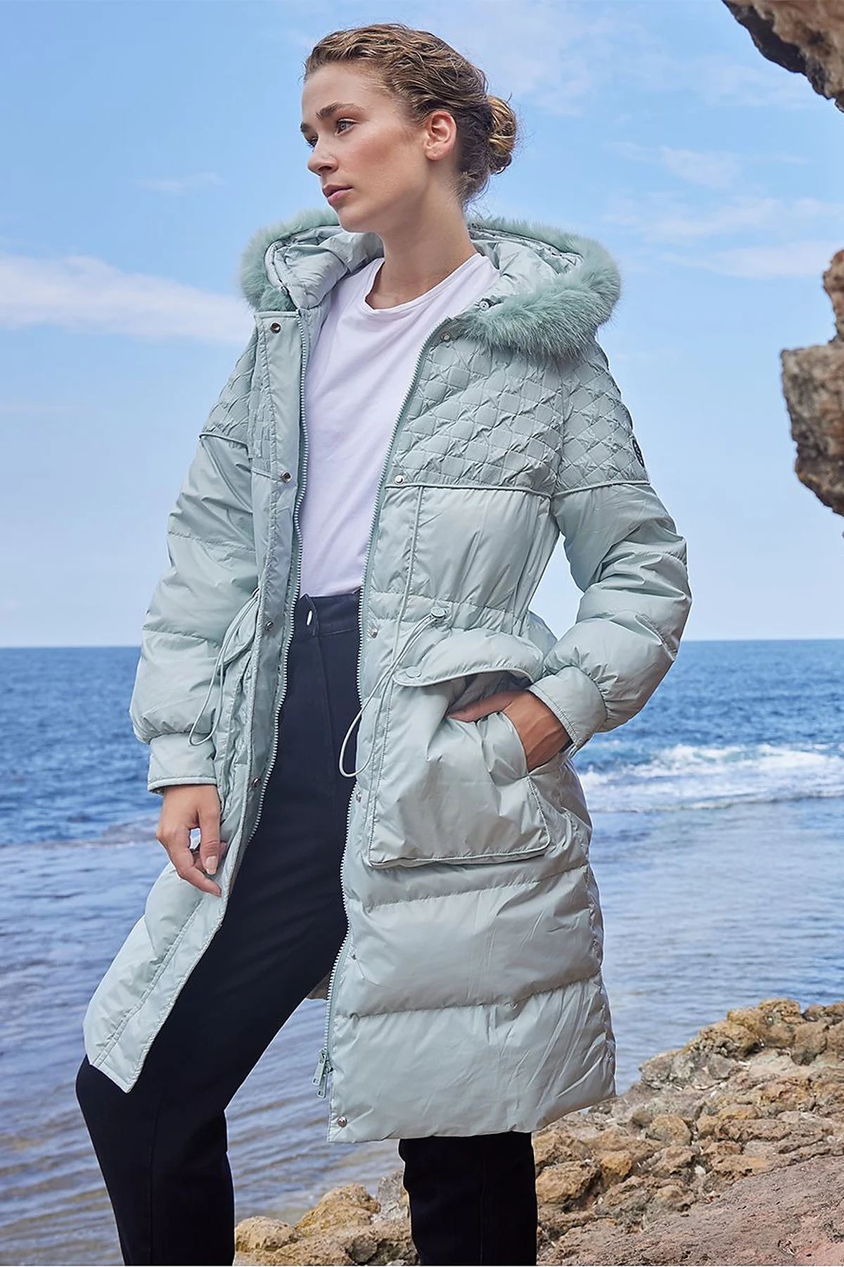 Faux Fur Fabric Garnished Goose Feather Coat Mint