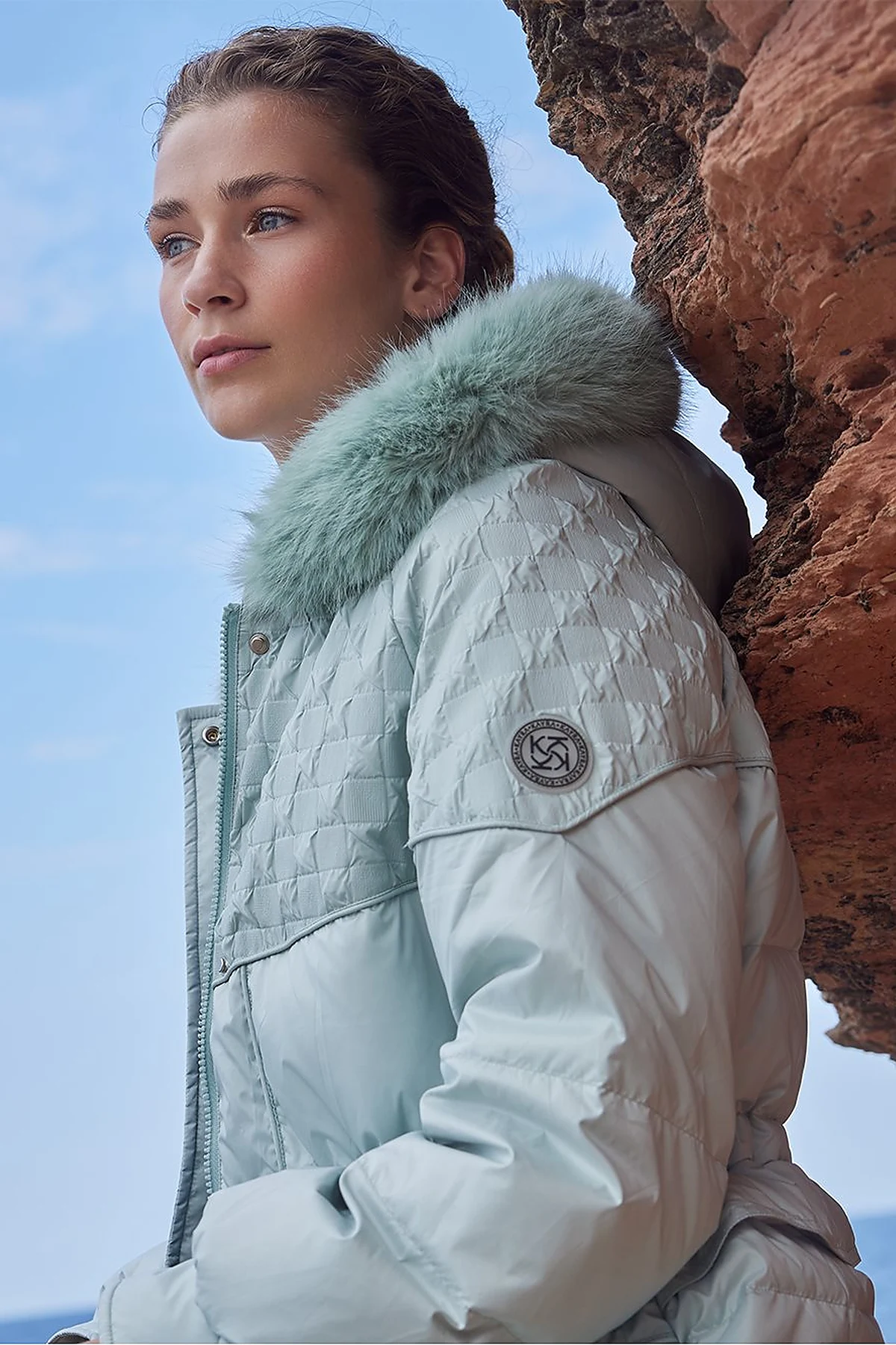 Faux Fur Fabric Garnished Goose Feather Coat Mint