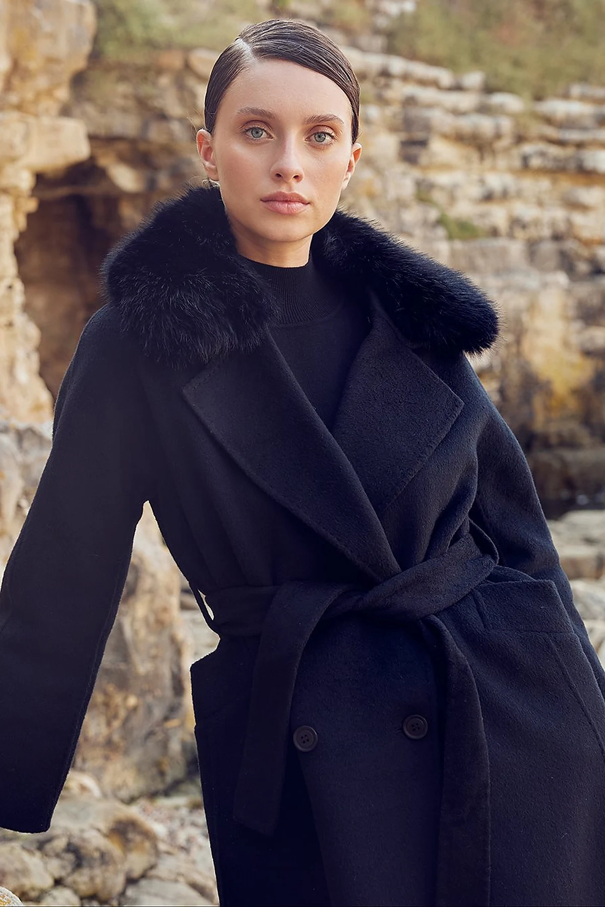 Premium Wool Fur Double Breasted Button Coat Black
