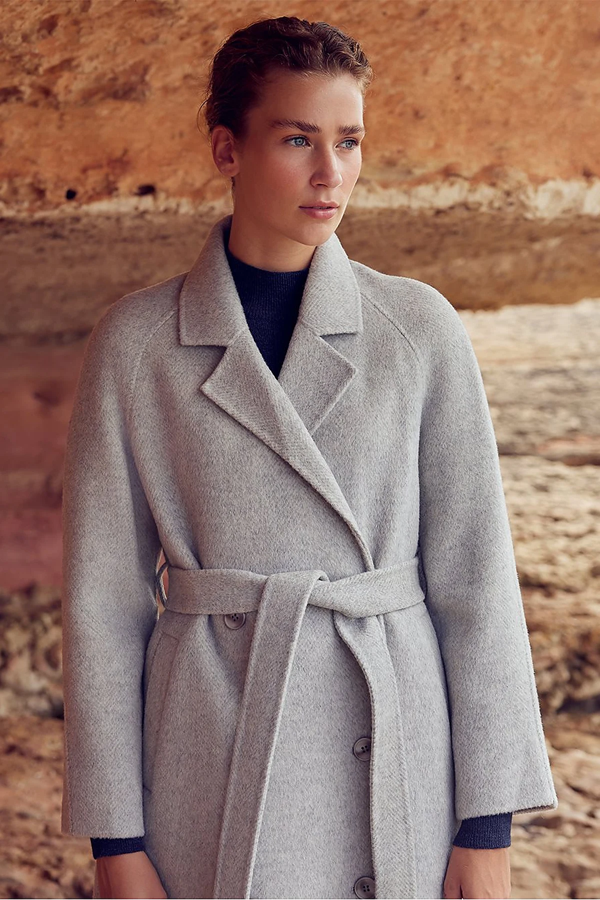 Premium Wool Raglan Sleeve Belted Coat Grey