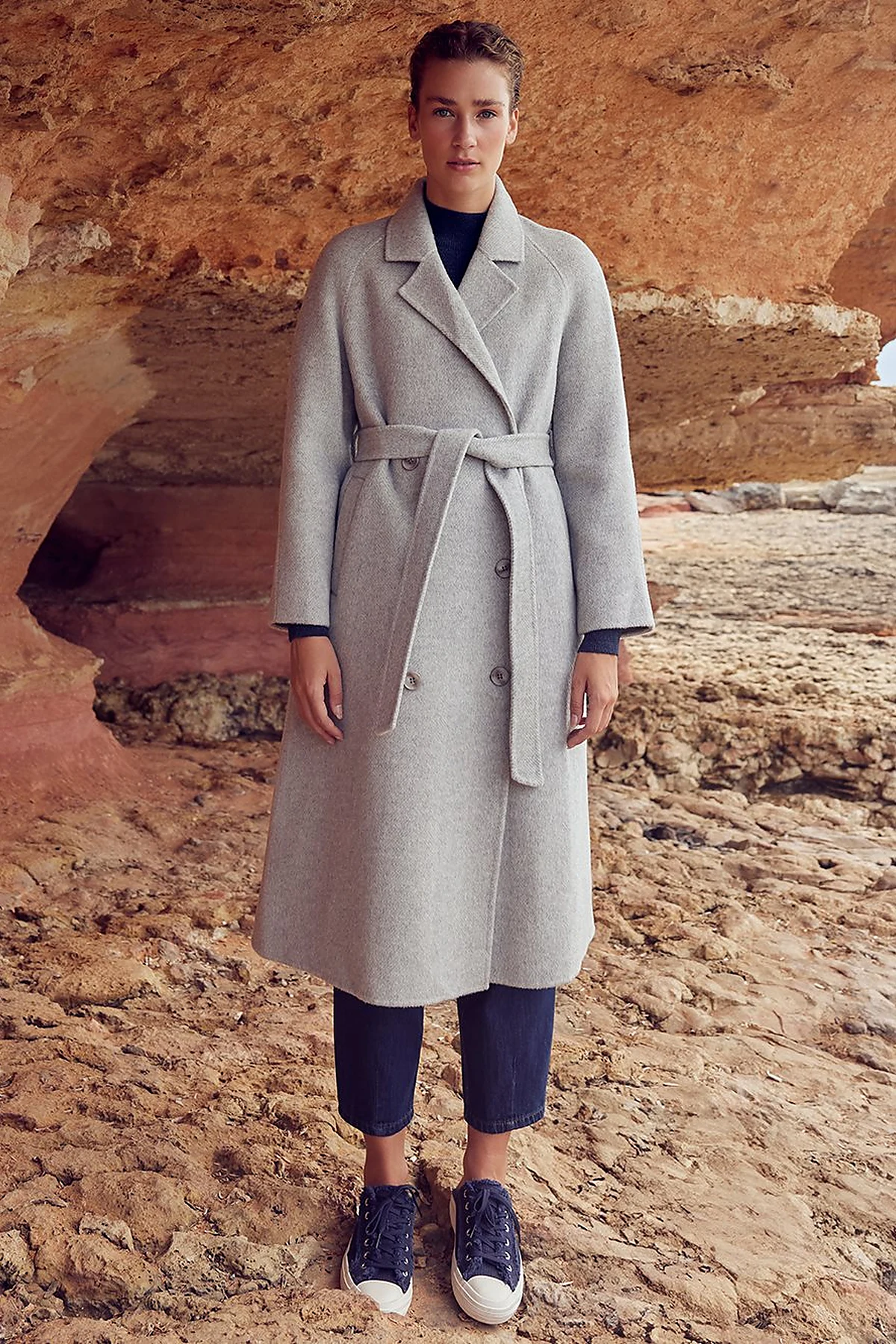 Premium Wool Raglan Sleeve Belted Coat Grey