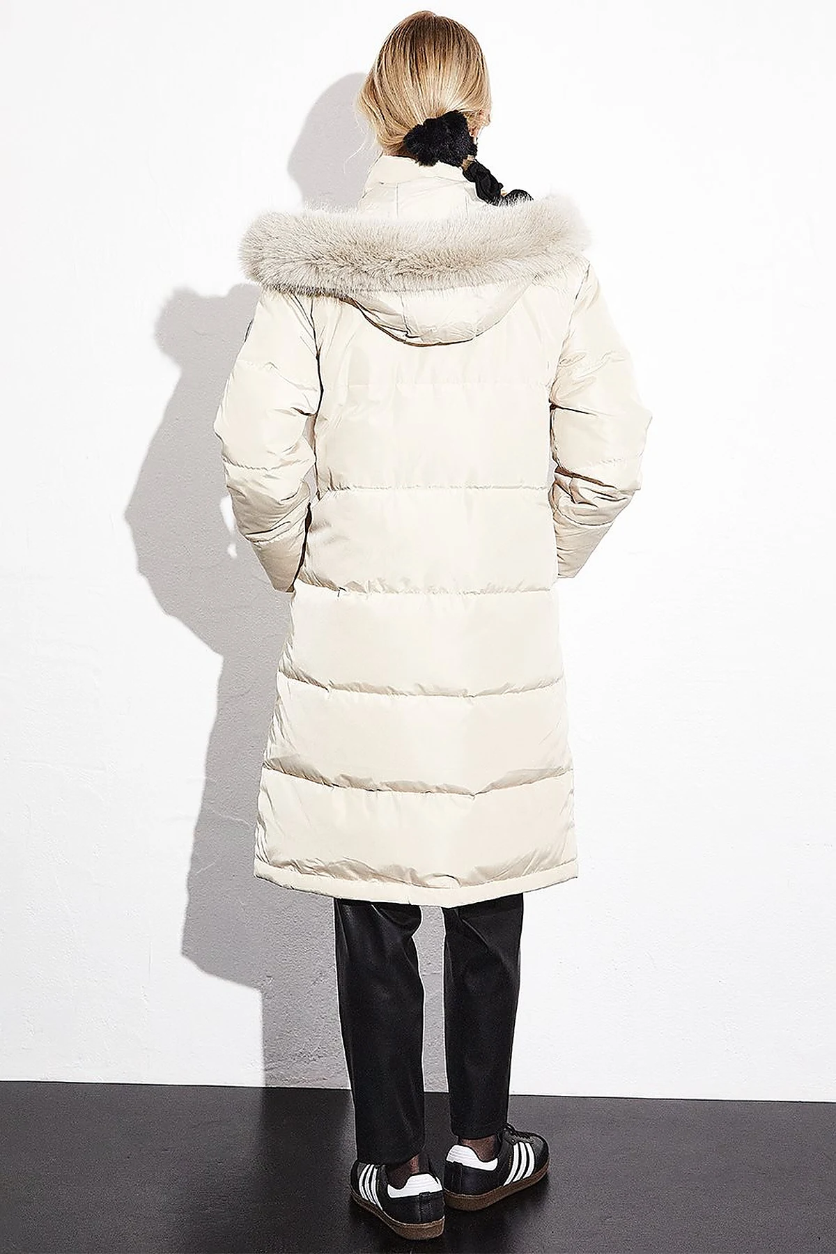 Quilted Stand Collar Hooded Fur Coat Cream