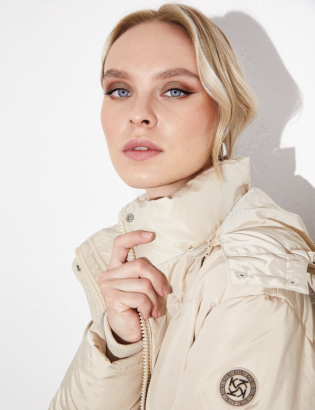 Quilted Stand Collar Hooded Fur Coat Cream