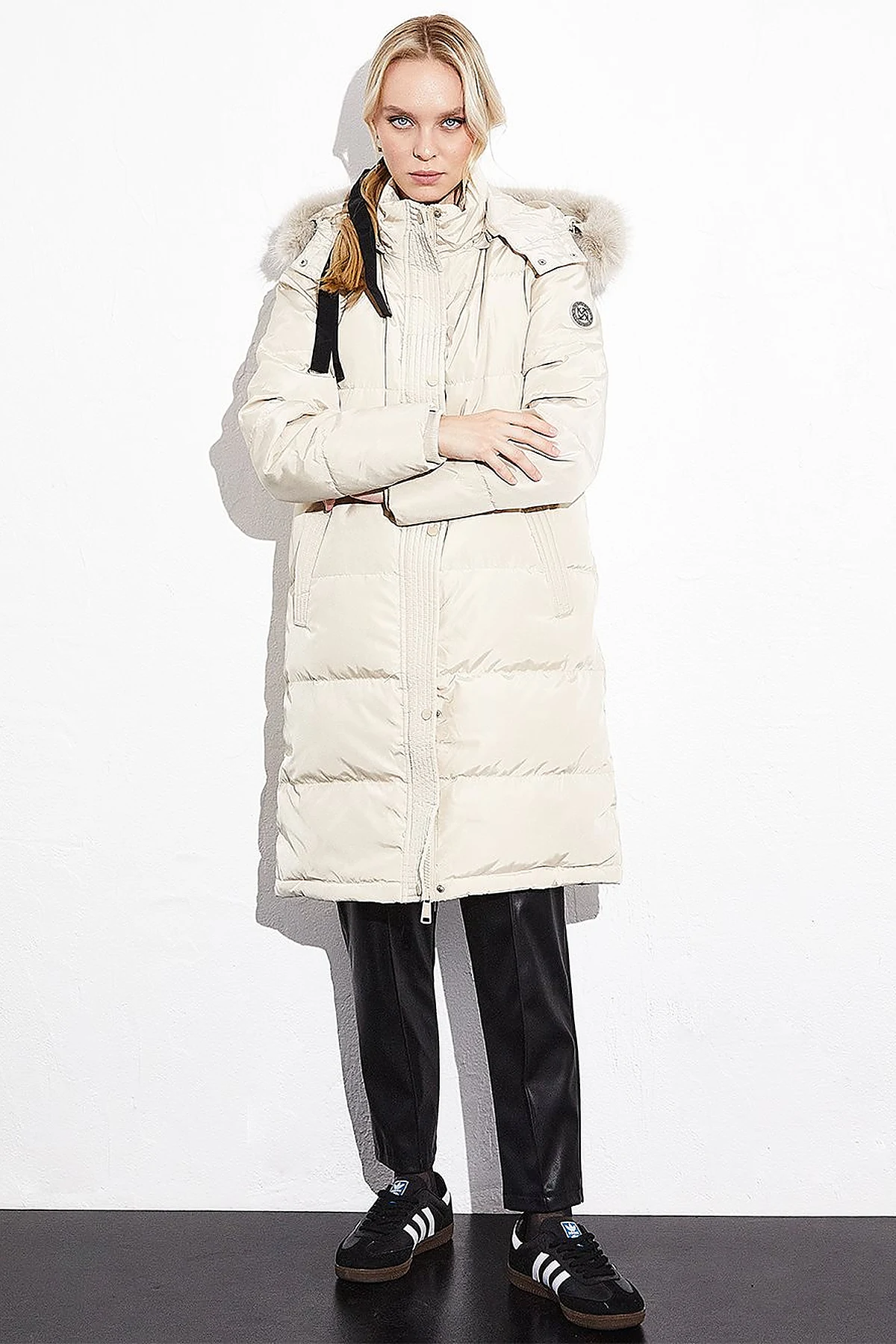 Quilted Stand Collar Hooded Fur Coat Cream