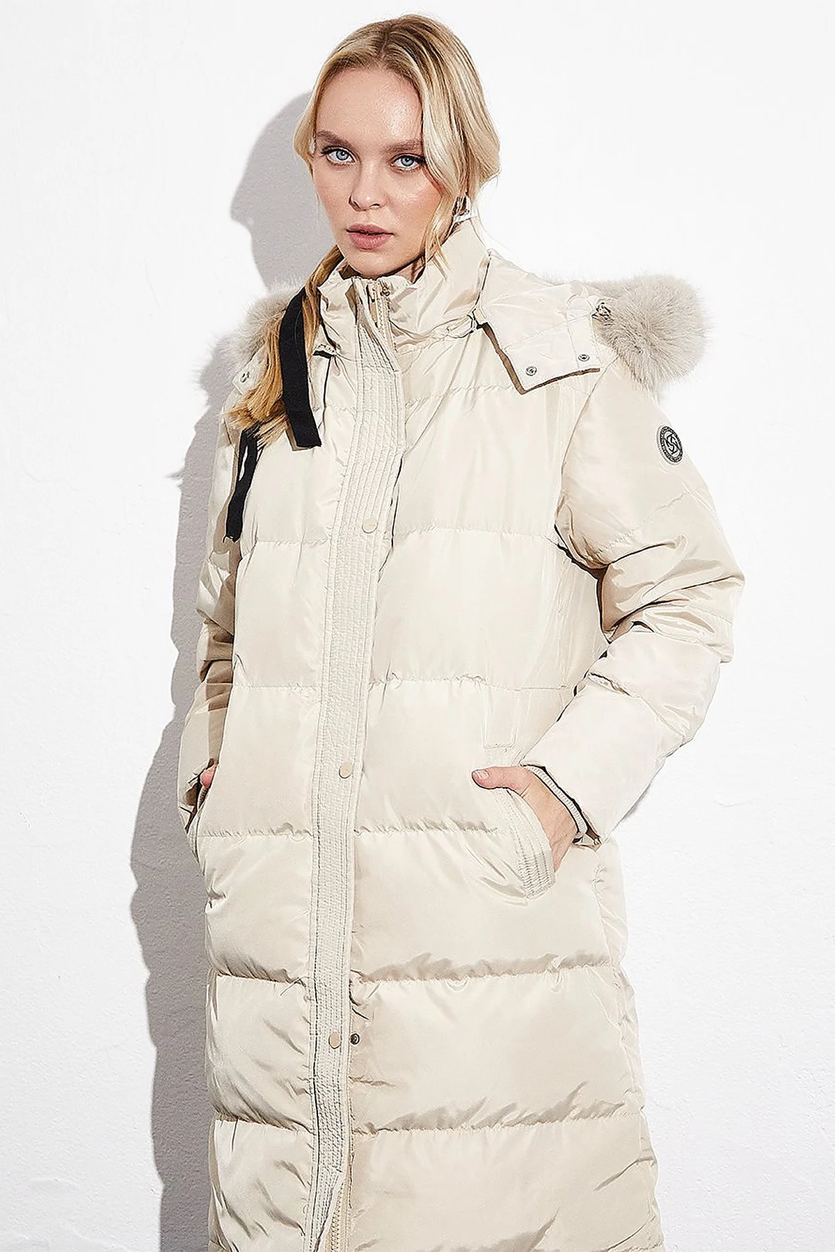 Quilted Stand Collar Hooded Fur Coat Cream