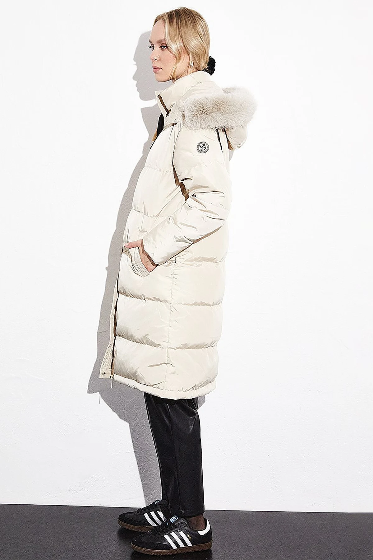 Quilted Stand Collar Hooded Fur Coat Cream