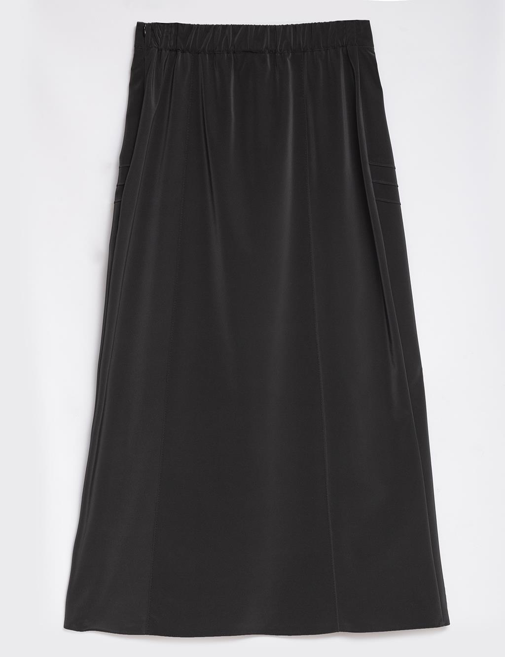 A-Line Skirt with Elastic Waist Rib Detail Black