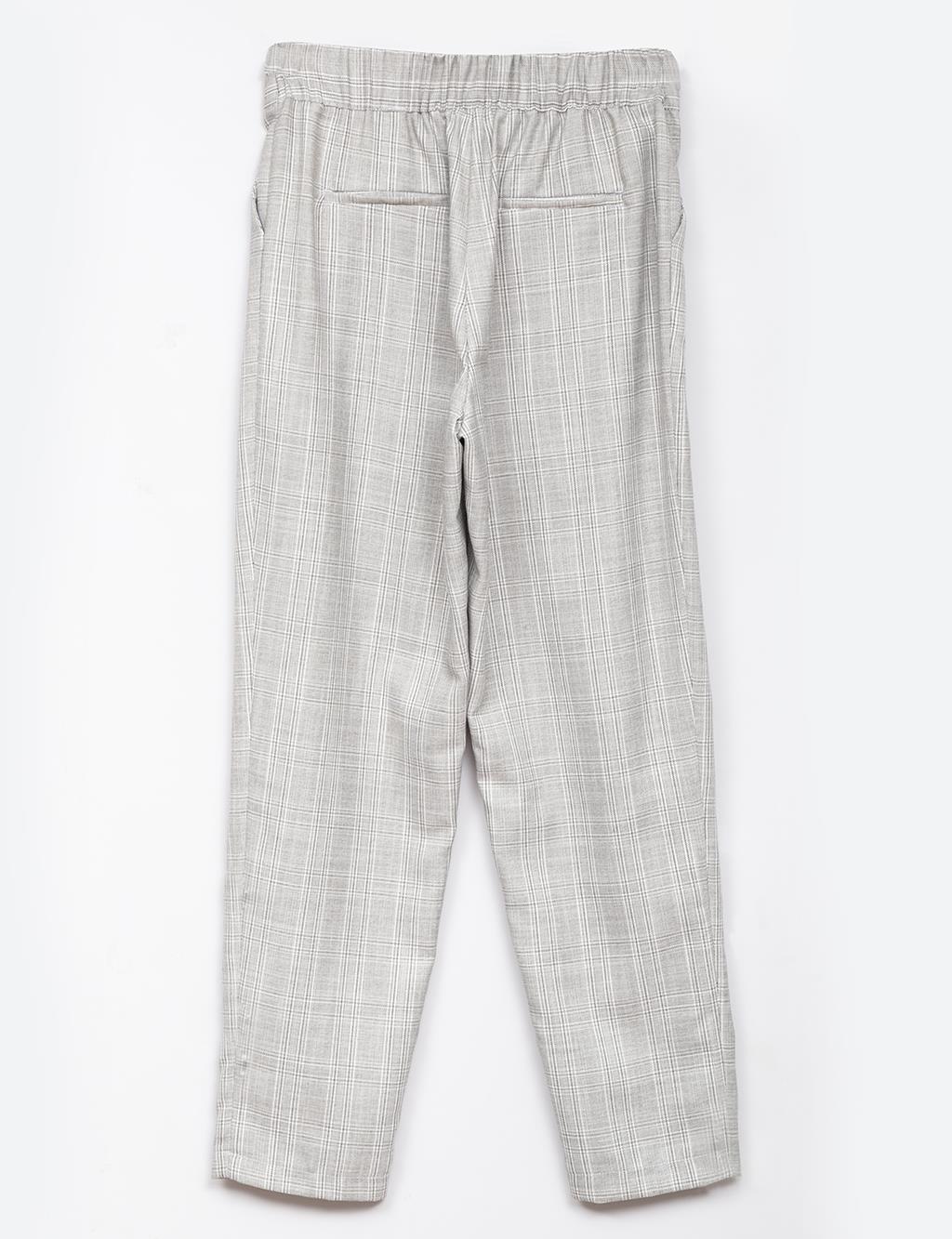 Elastic Waist Pleated Plaid Pants Grey