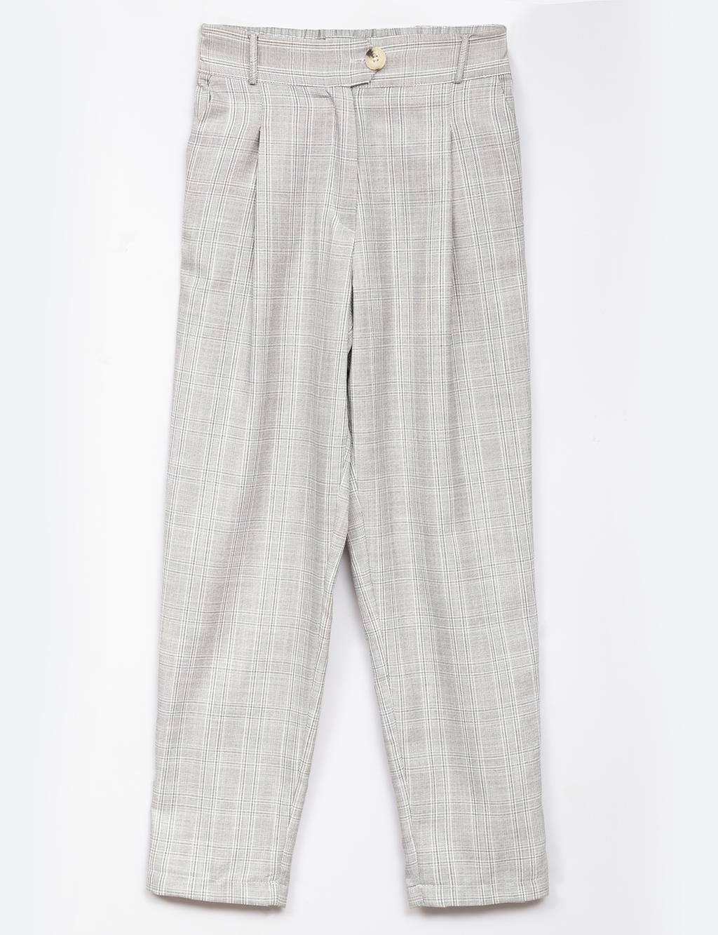 Elastic Waist Pleated Plaid Pants Grey