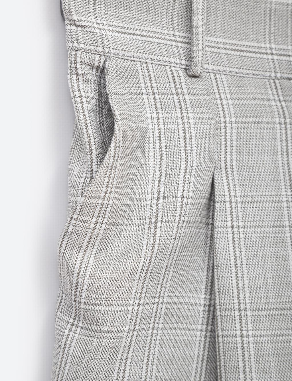 Elastic Waist Pleated Plaid Pants Grey