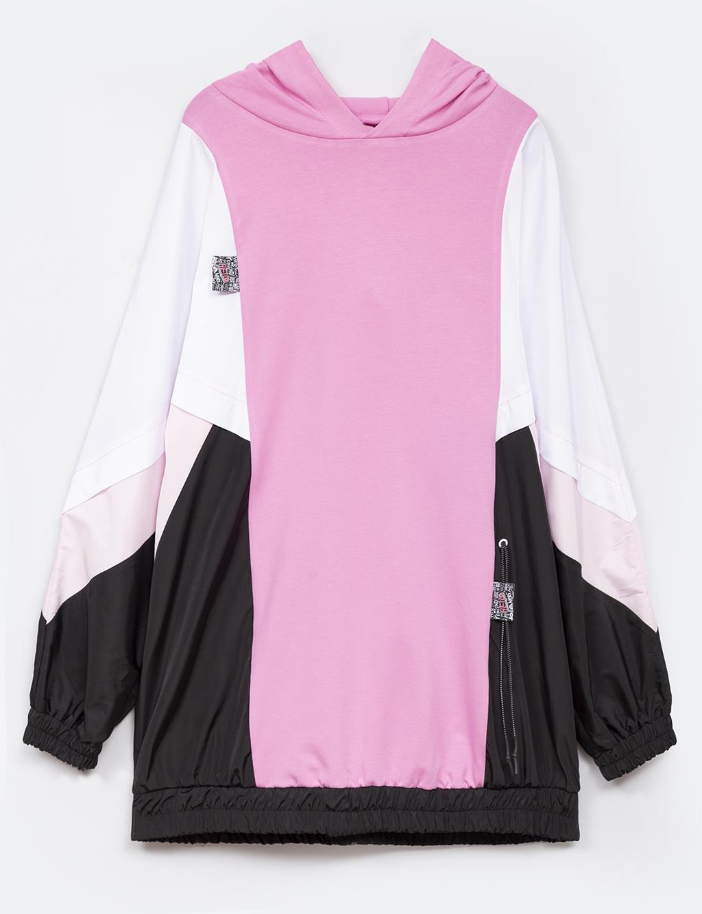  Hooded Elasticized Ribbed Sweatshirt in Candy Pink