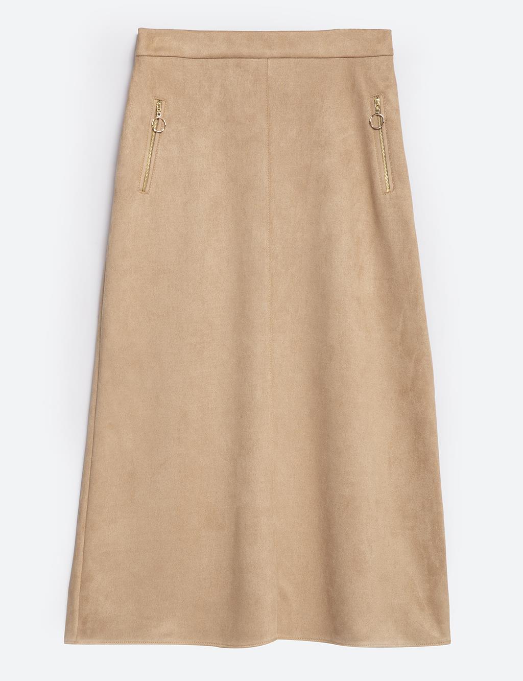 Elastic Waist Zipper Detail A-Line Skirt in Mink Color