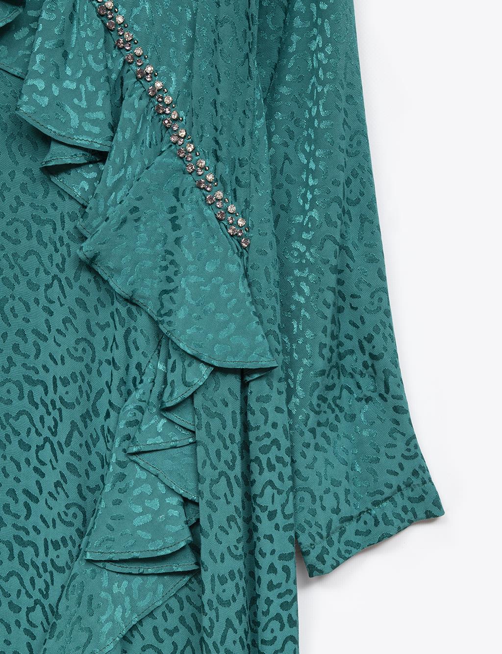 Embroidered Stone Detail Volant Dress Emerald