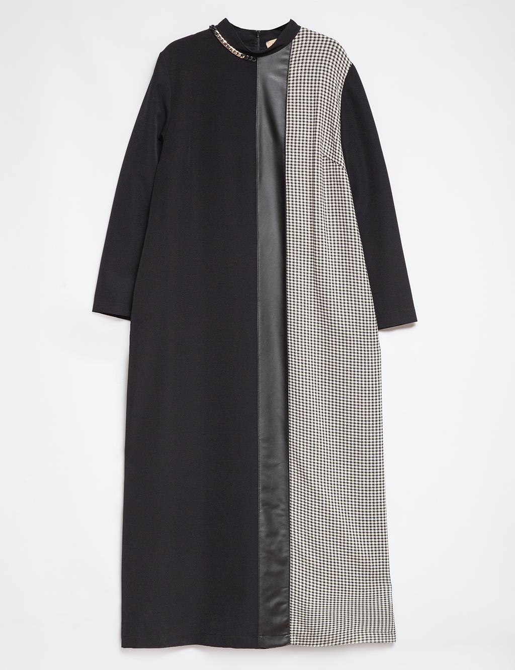 High Collar Houndstooth Dress with Leather Panels and Gold Chain Detail - Black