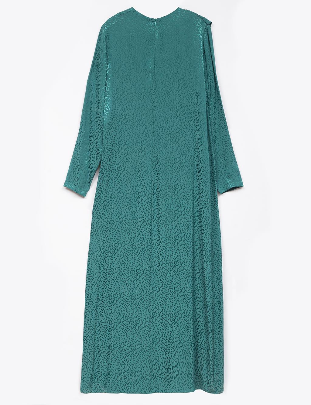 Embroidered Stone Detail Volant Dress Emerald