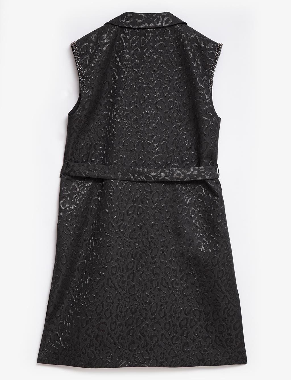 Erkek Yaka Animal Print Desenli Yelek Siyah