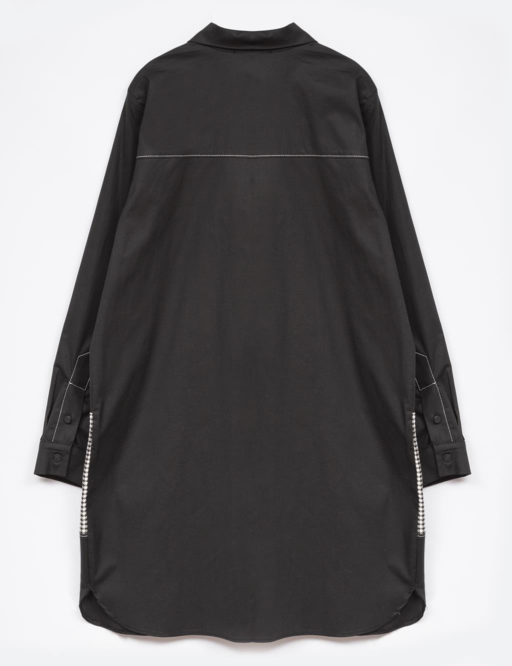 Shirt Collar Houndstooth and Leather Paneled Contrast-Stitched Shirt - Black