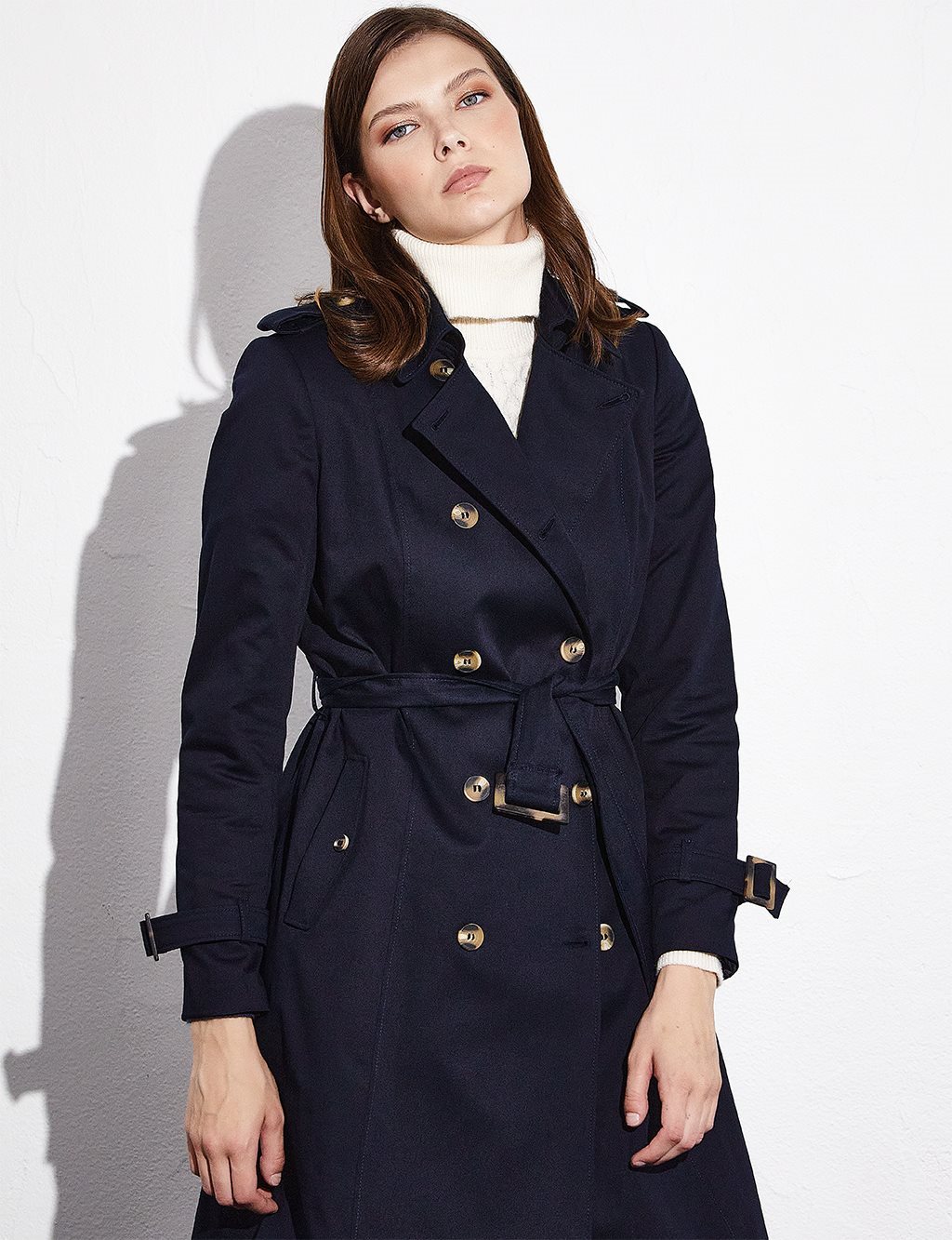 Bone Buttoned Classic Trench Coat Navy Blue