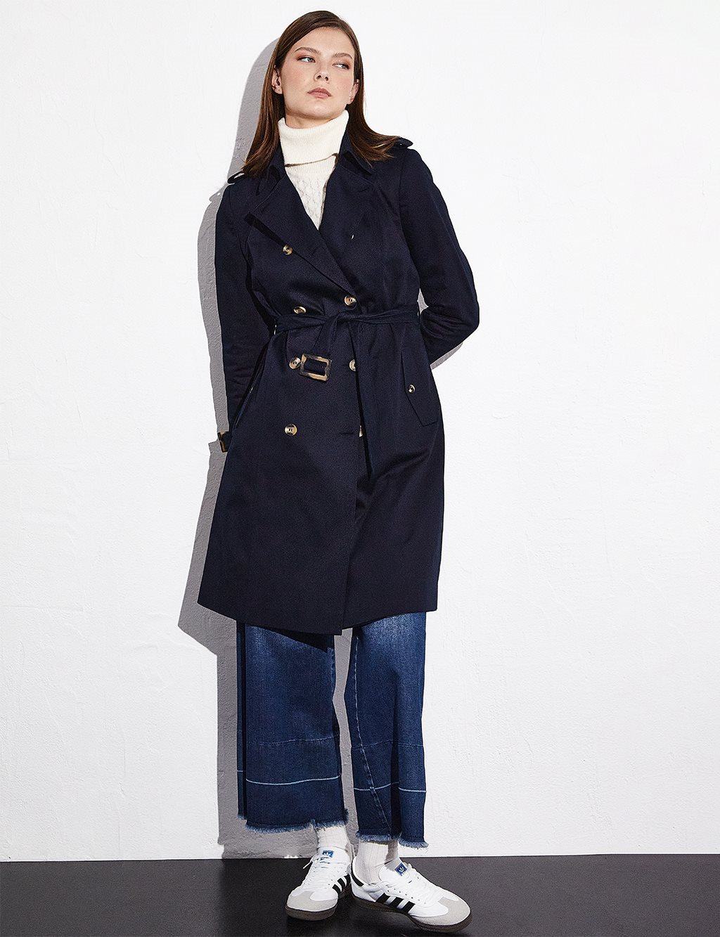 Bone Buttoned Classic Trench Coat Navy Blue