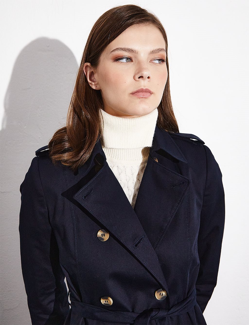 Bone Buttoned Classic Trench Coat Navy Blue