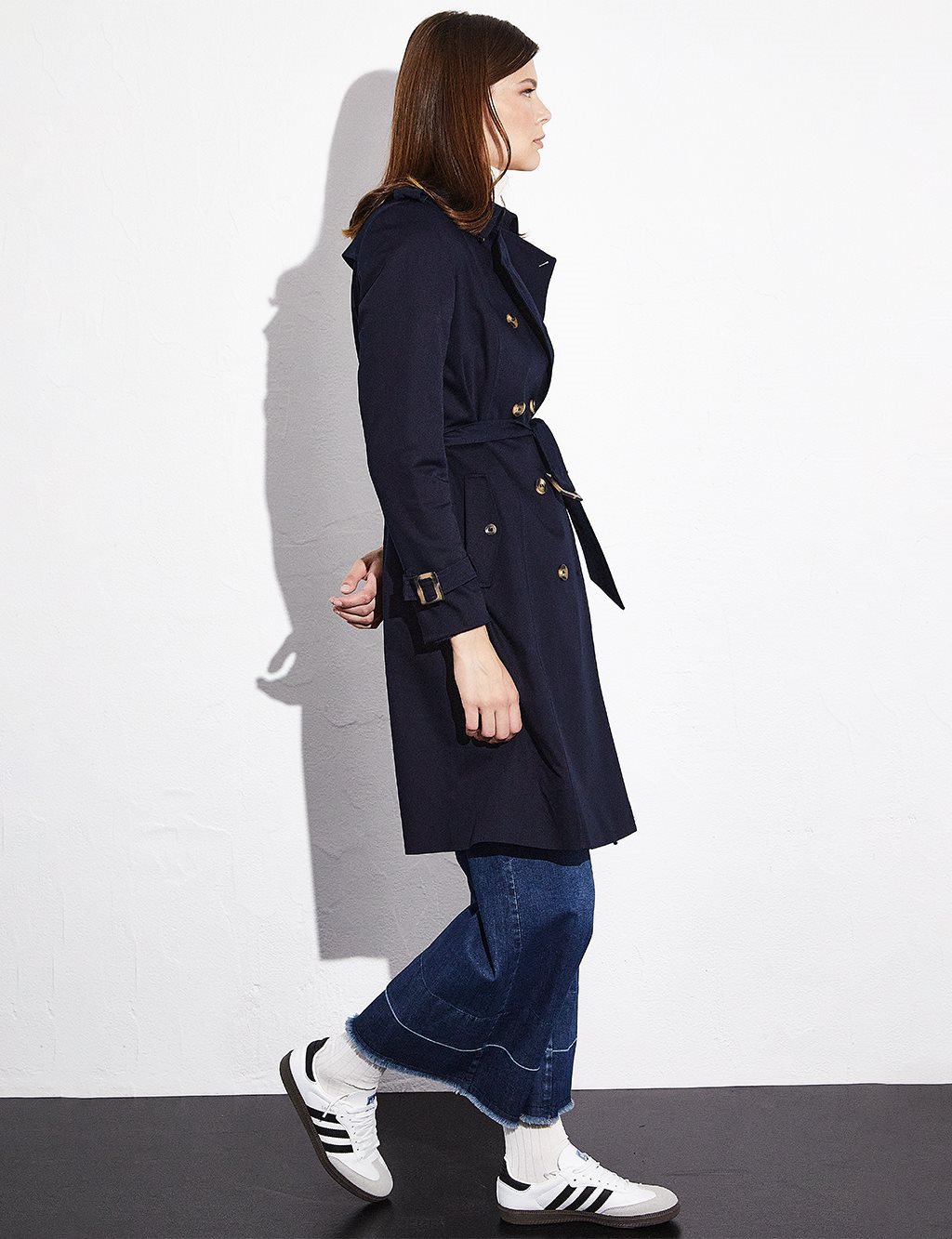 Bone Buttoned Classic Trench Coat Navy Blue