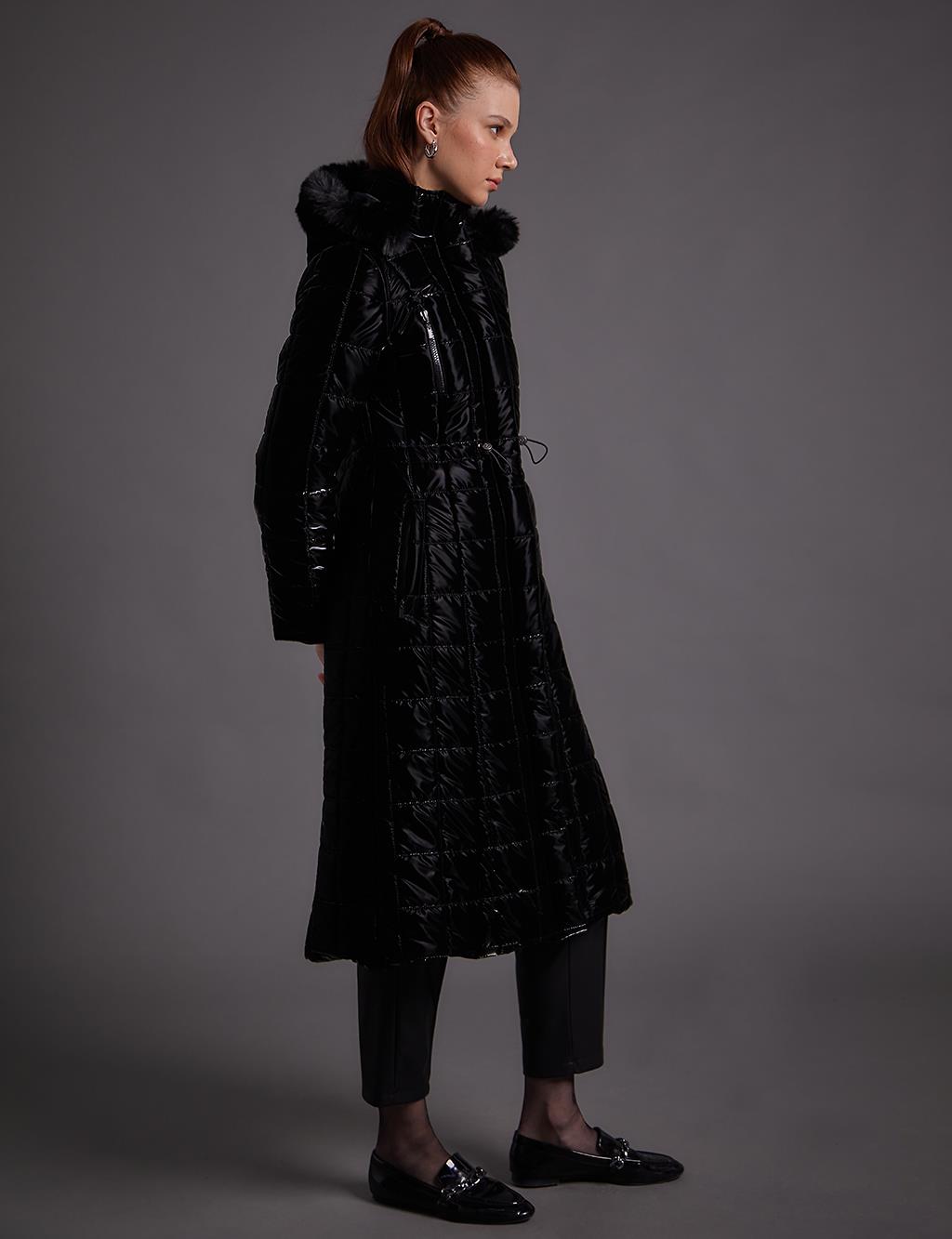 Checkered Removable Hooded Coat Black
