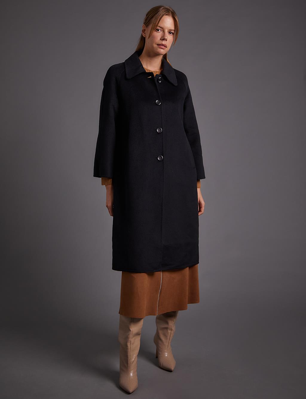 Premium Wool Buttoned Wide Collar Coat Black