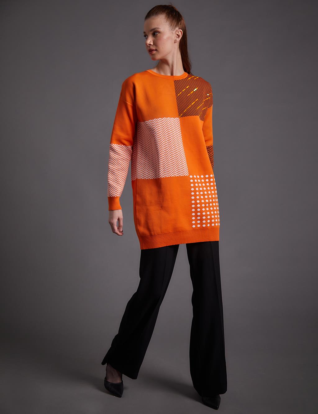 Abstract Pattern Crew Neck Knitwear Tunic Orange