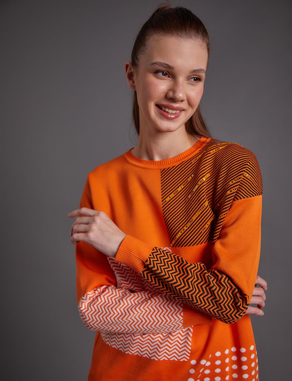 Abstract Pattern Crew Neck Knitwear Tunic Orange