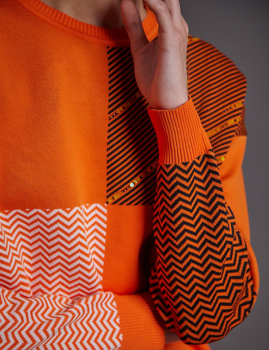 Abstract Pattern Crew Neck Knitwear Tunic Orange
