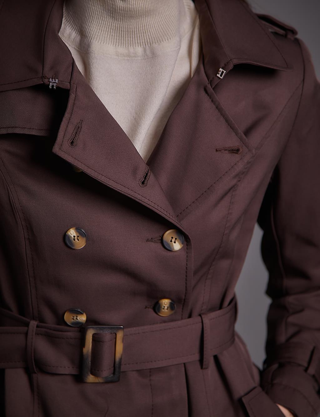 Bone Buttoned Double Breasted Topcoat Dark Brown