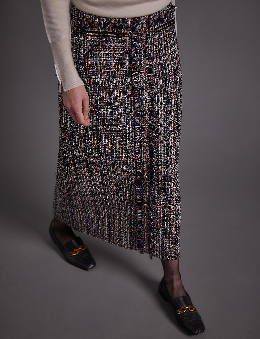 Buttoned Tweed Pencil Skirt Navy Blue