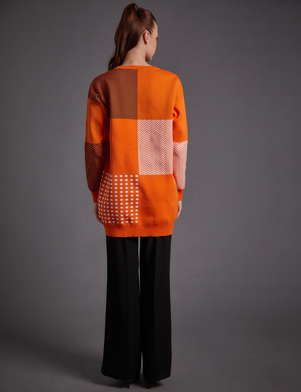 Abstract Pattern Crew Neck Knitwear Tunic Orange