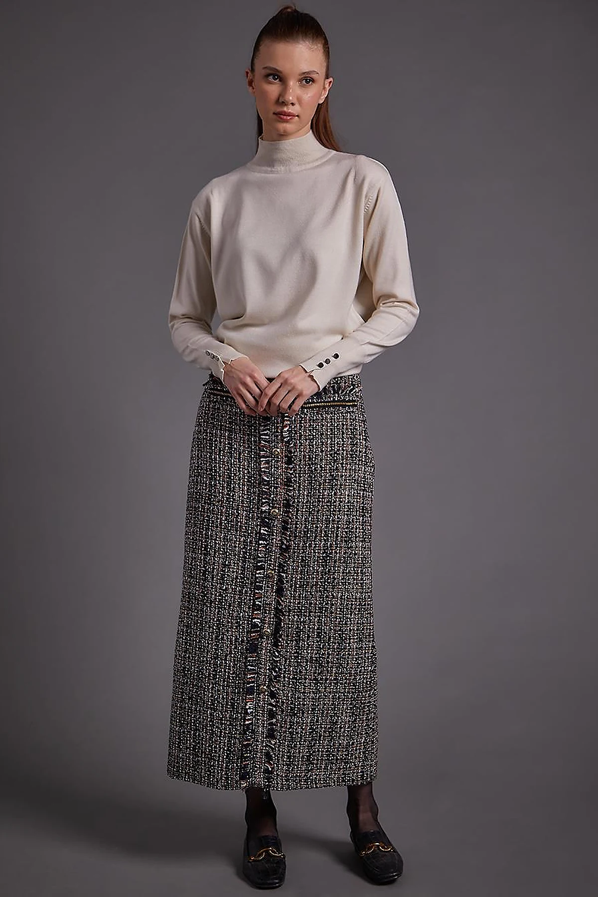 Buttoned Tweed Pencil Skirt Navy Blue
