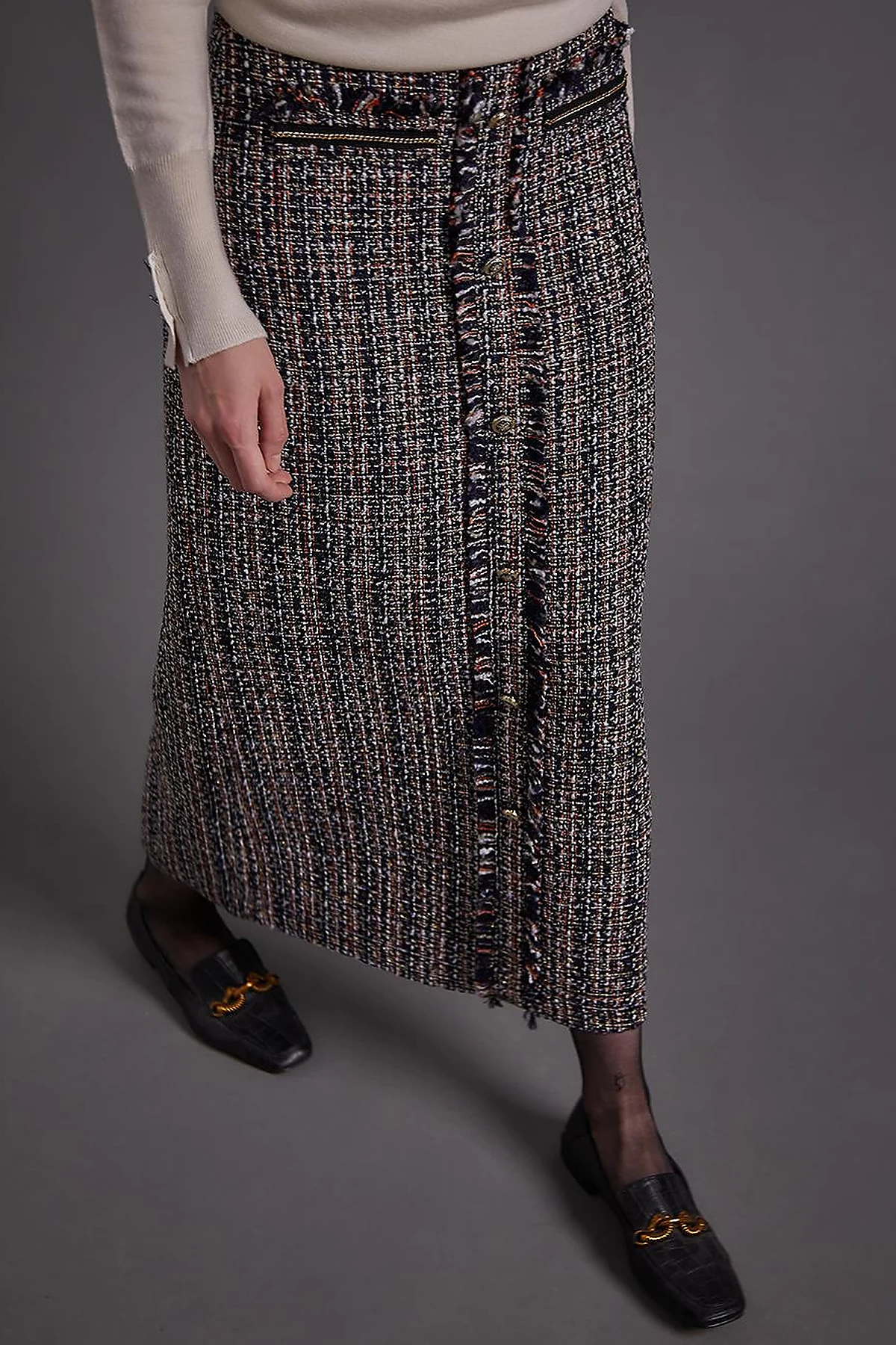 Buttoned Tweed Pencil Skirt Navy Blue