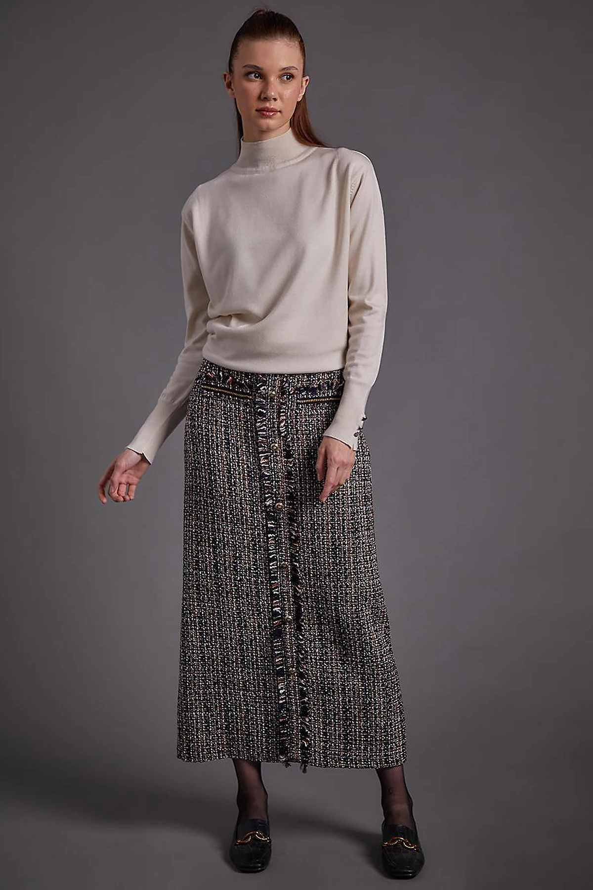 Buttoned Tweed Pencil Skirt Navy Blue