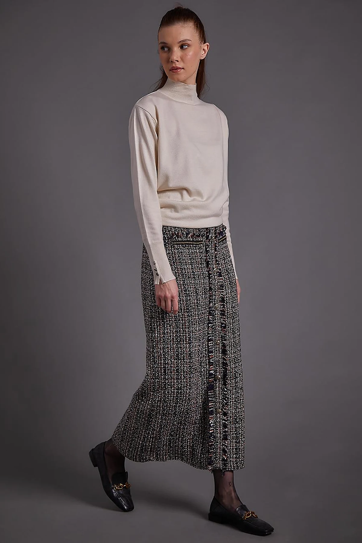 Buttoned Tweed Pencil Skirt Navy Blue