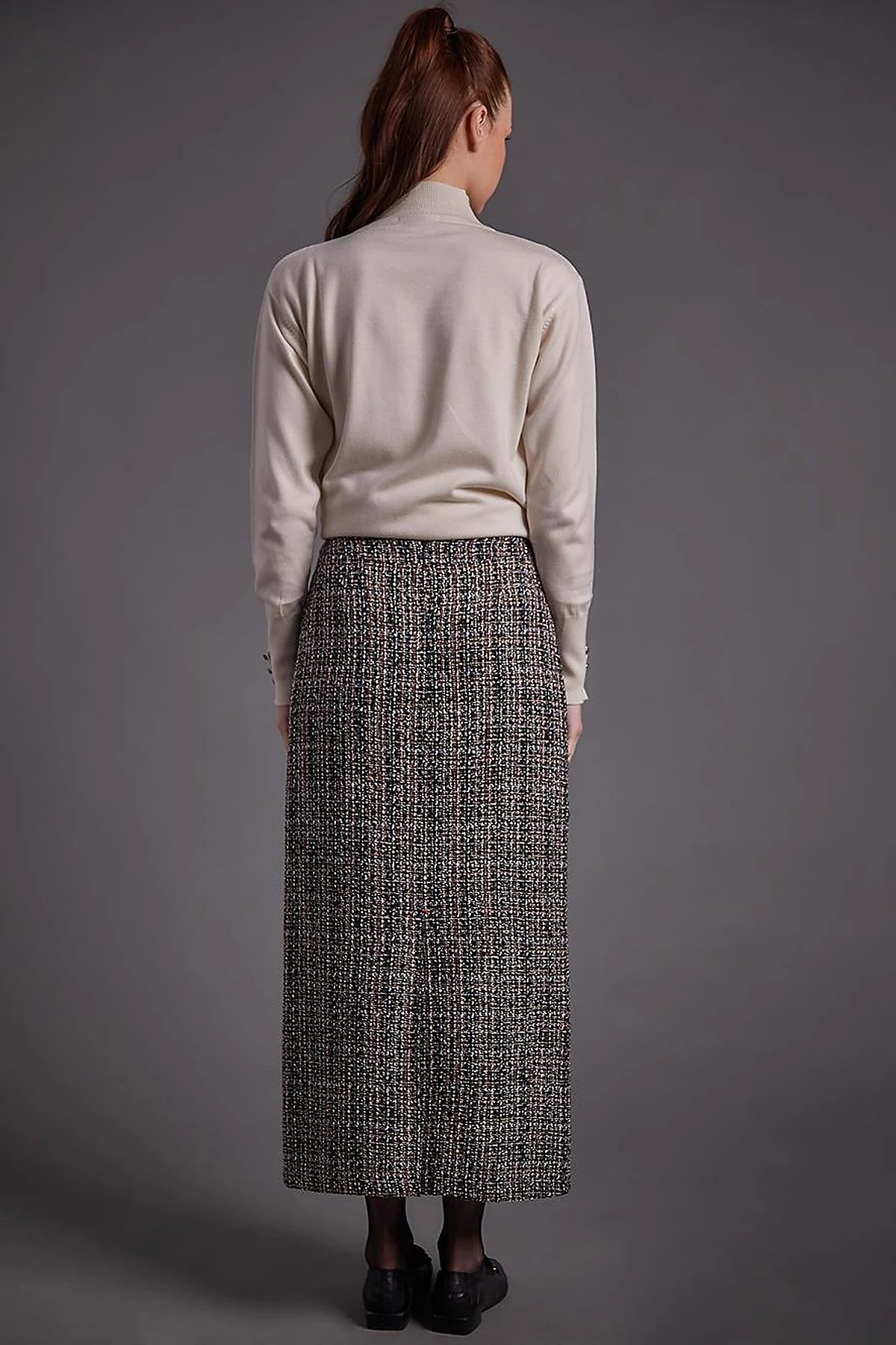 Buttoned Tweed Pencil Skirt Navy Blue