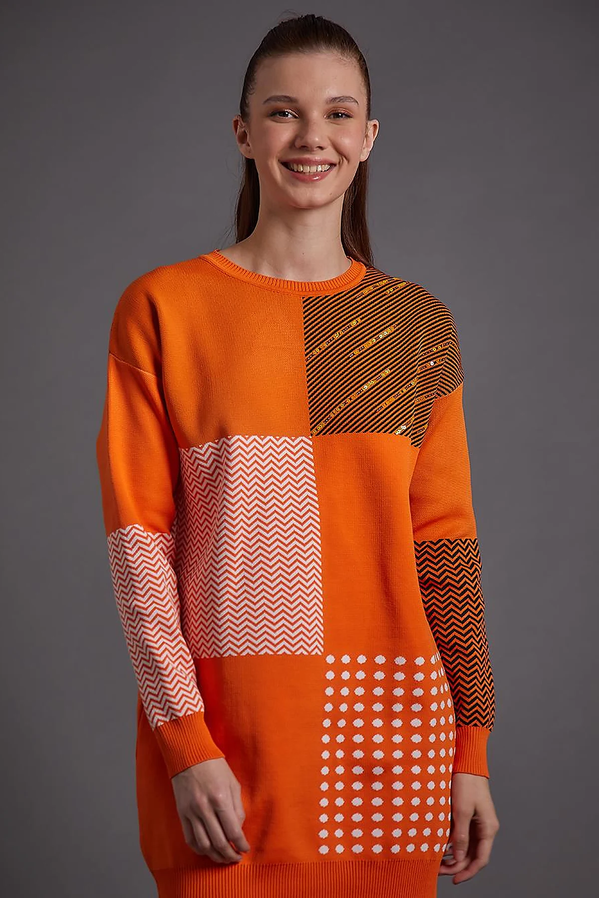 Soyut Desen Sıfır Yaka Triko Tunik Orange