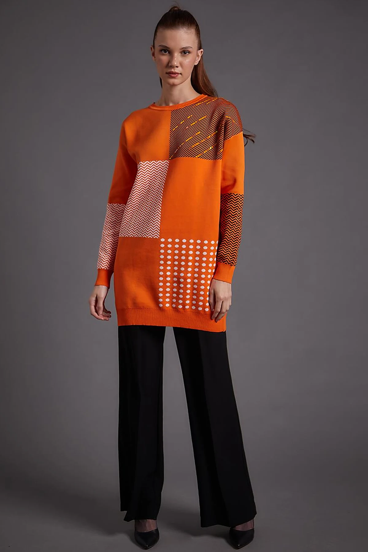 Soyut Desen Sıfır Yaka Triko Tunik Orange