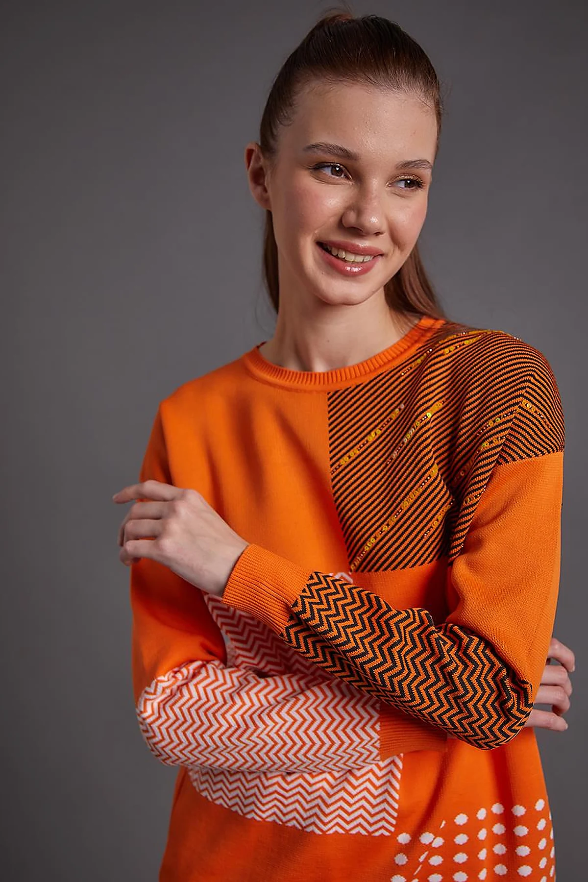 Soyut Desen Sıfır Yaka Triko Tunik Orange