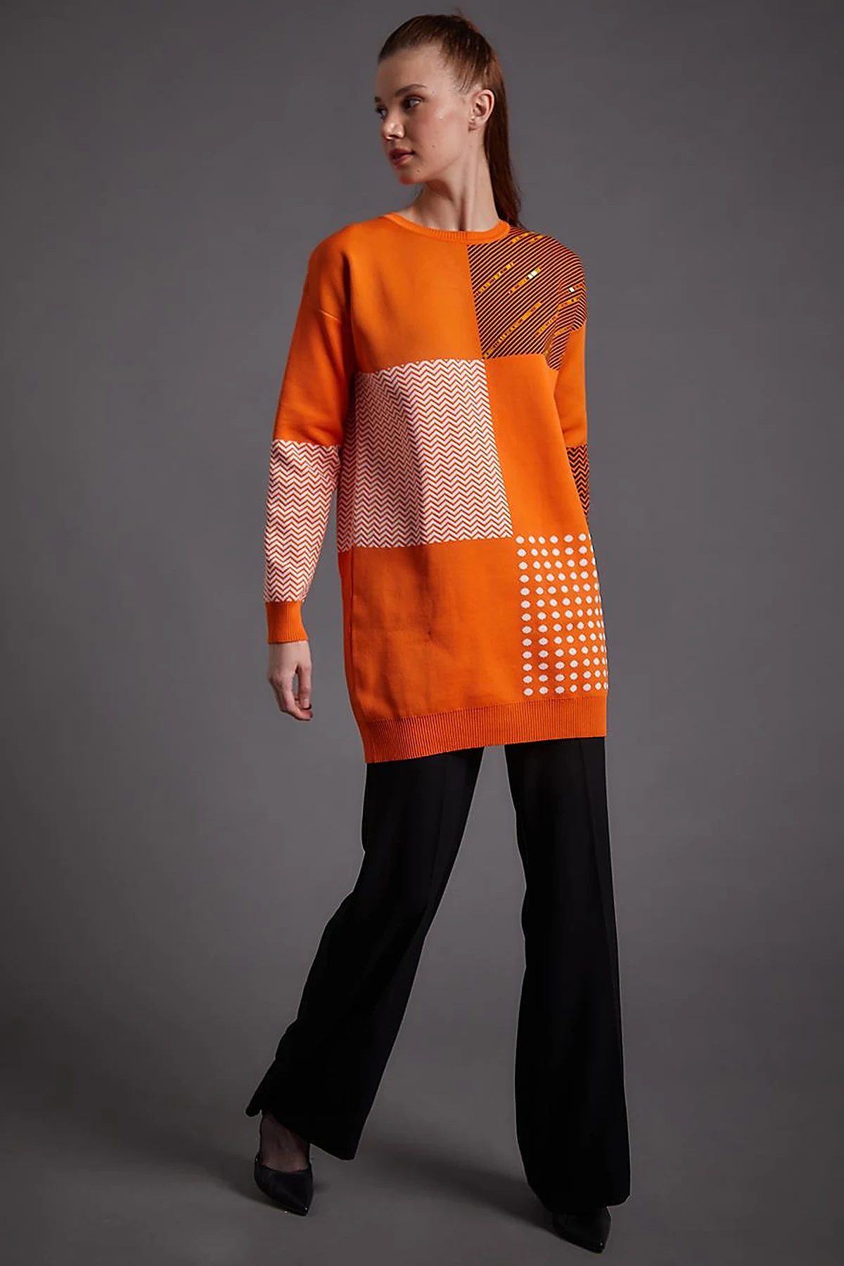 Soyut Desen Sıfır Yaka Triko Tunik Orange