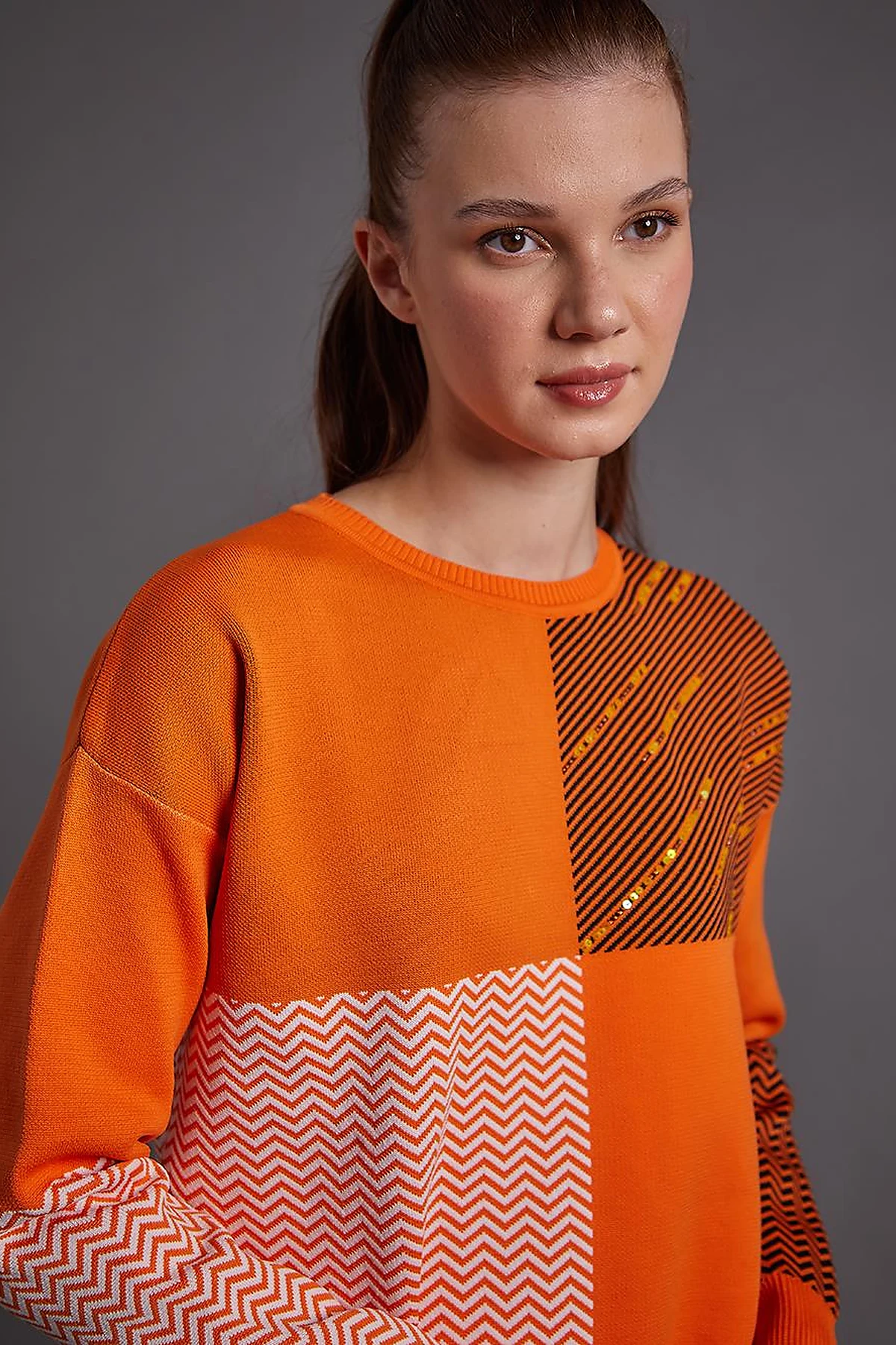 Soyut Desen Sıfır Yaka Triko Tunik Orange
