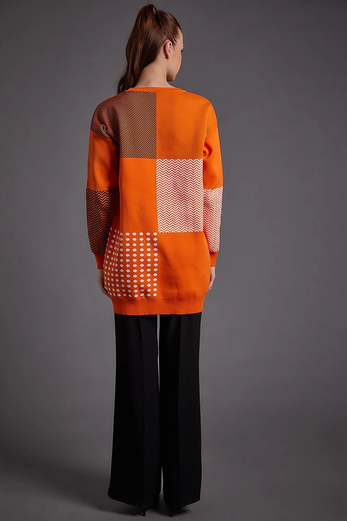 Soyut Desen Sıfır Yaka Triko Tunik Orange