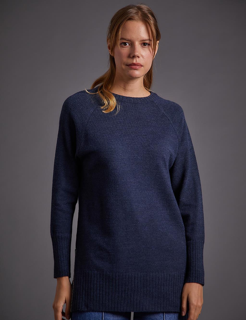 Ribbed Detail Zero Neckline Navy Blue Knit Tunic