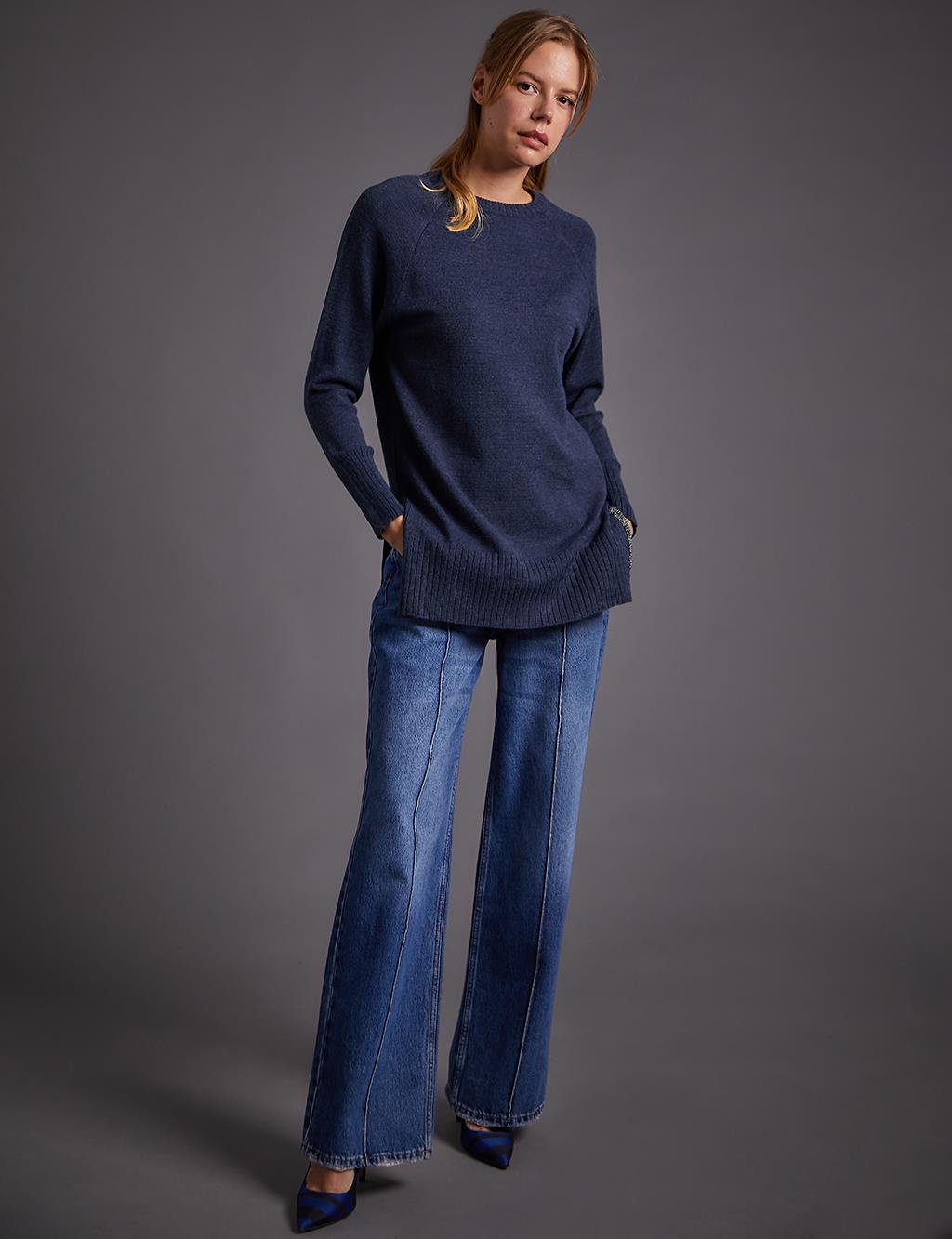 Ribbed Detail Zero Neckline Navy Blue Knit Tunic