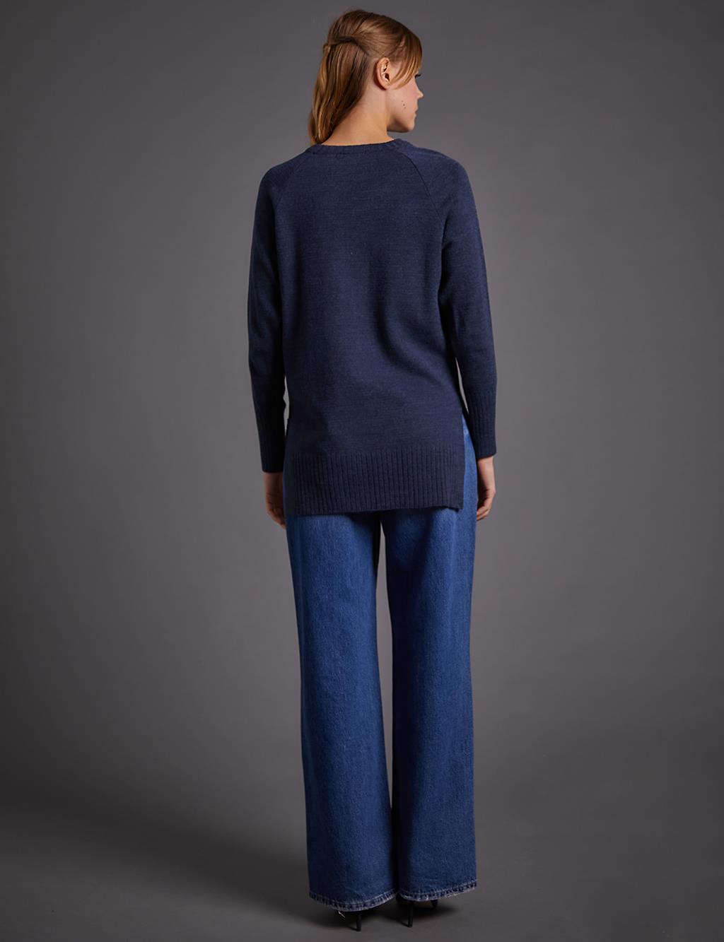 Ribbed Detail Zero Neckline Navy Blue Knit Tunic