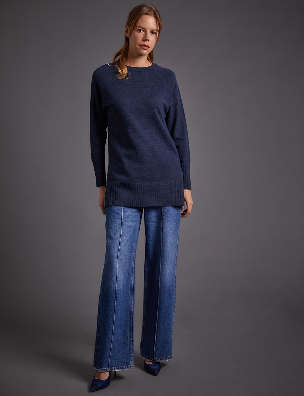 Ribbed Detail Zero Neckline Navy Blue Knit Tunic