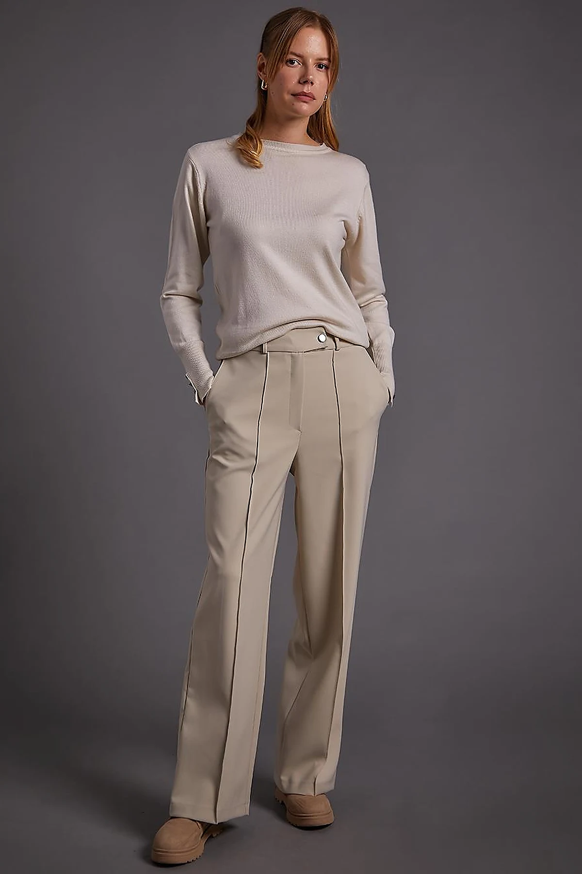 Ironed Wide Leg Trousers Stone